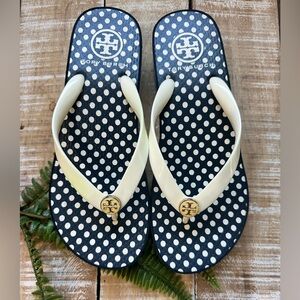 Tory Burch Wedge Flip Flops Sandals Navy/ Ivory Polka dot